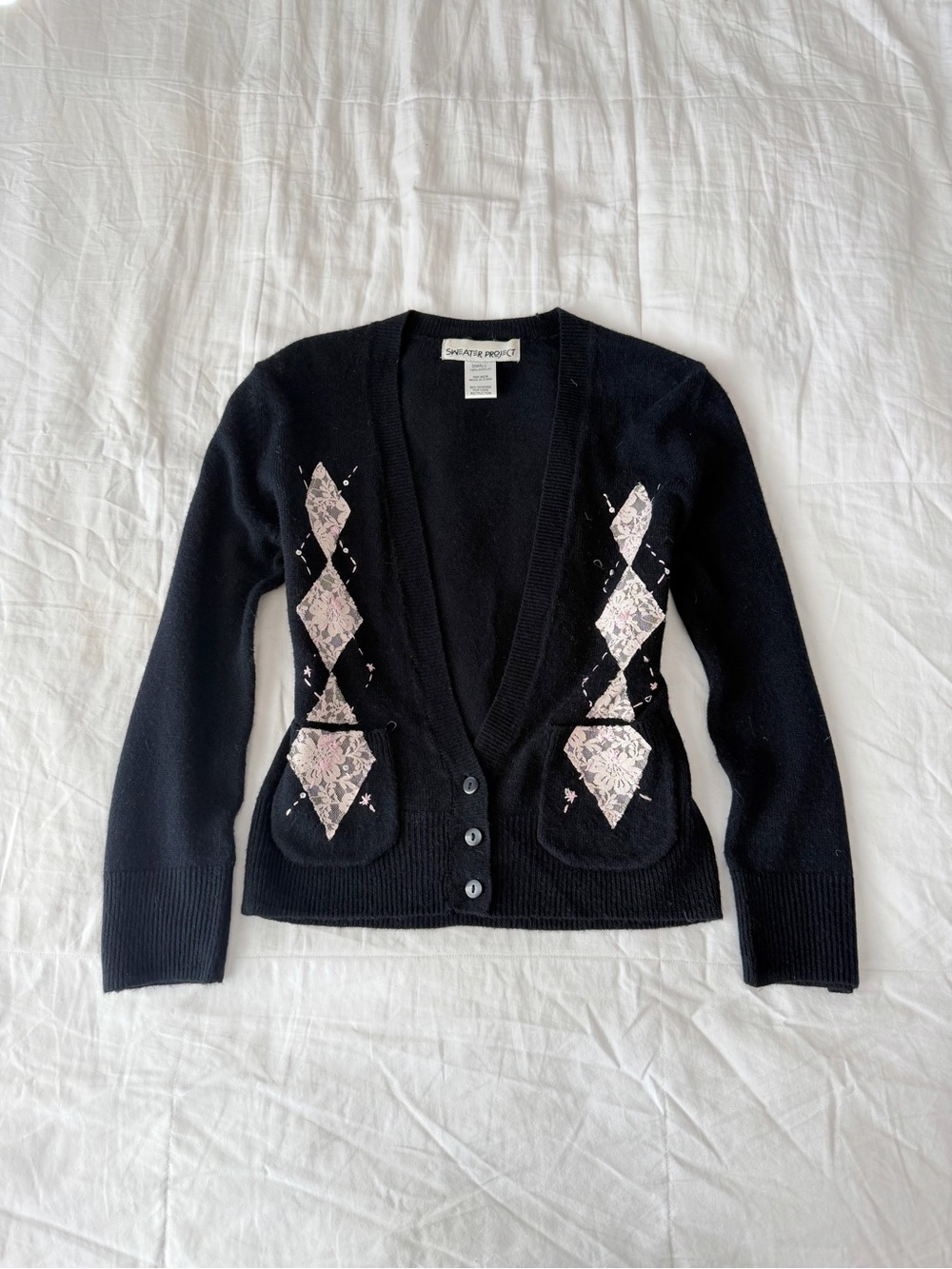 Vintage Cottagecore Sweater Project Embroidered Pink Argyle Cardigan Size S
